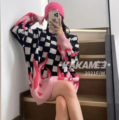 Cute Hot Pink Flames Fire Checkerboard Plaid Oversized Knit Sweater Pullover Aesthetic Casual E-Girl Kawaii Korean Japanese Harajuku