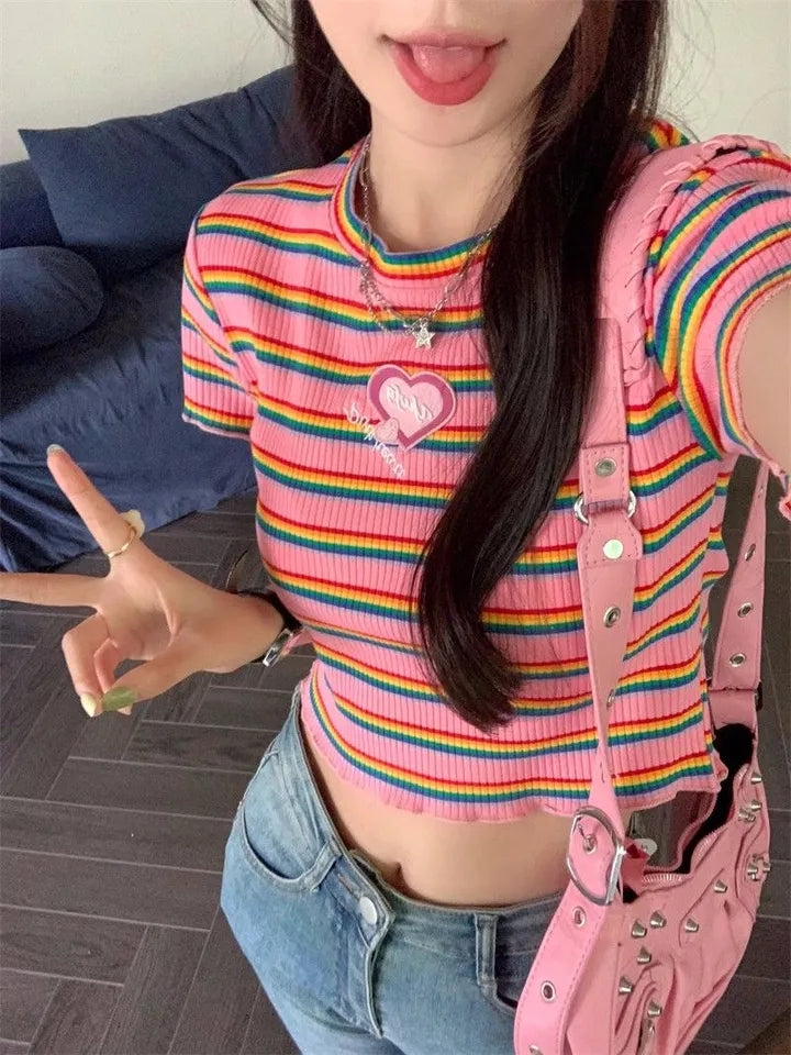 Pink Rainbow Stripe Crop Top