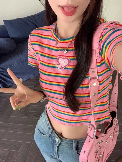 Pink Rainbow Stripe Crop Top
