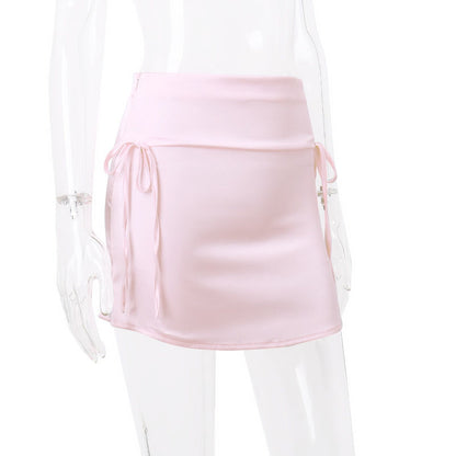 Pink Satin Bow Lace Up Mini Skirt