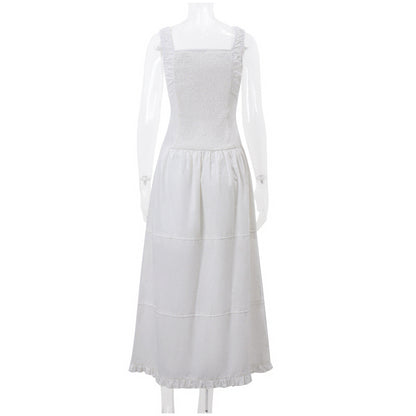White Pleated Lace Up Square Collar Ruffle Maxi Dress