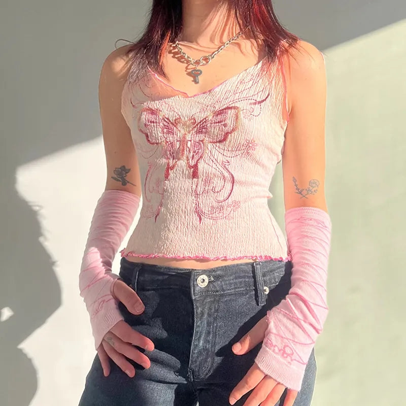 Butterfly Ruffle Trim Crop Top