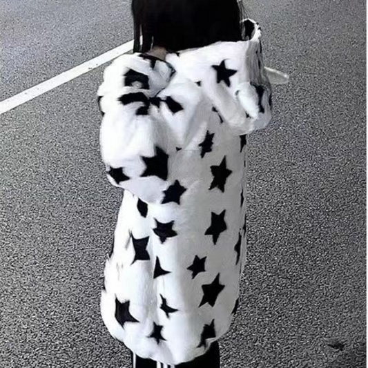 3D Star Ear Print Plush Hood Jacket