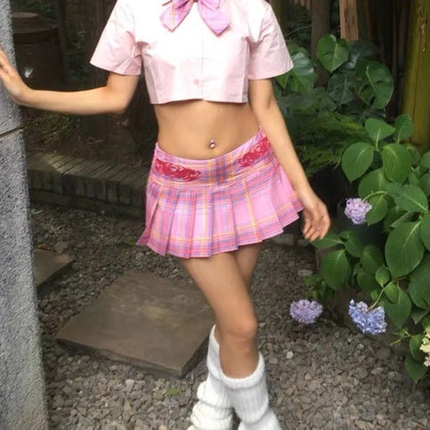 Pink Pleated Low Waist Mini Skirt