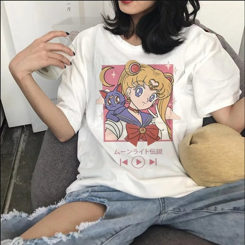 Cute Japanese Anime Girl Cartoon Print Loose Short Sleeve Shirt Aesthetic Casual E-Girl Kawaii Korean Japanese Harajuku