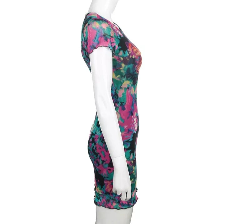 Cute Sexy Tie Dye Butterfly Print Mesh Transparent Short Sleeve Mini Dress Summer Aesthetic Casual E-Girl Kawaii Korean Japanese Harajuku