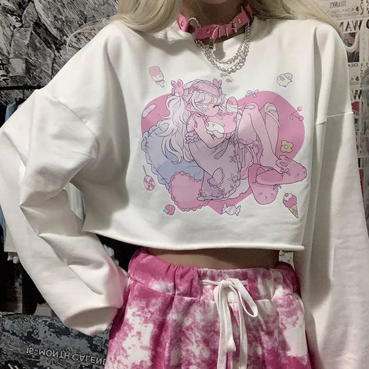 Sweet Anime Girl Cartoon Print Loose Long Sleeve Sweatshirt Sweater Pullover Jumper Autumn Causal E-Girl Kawaii Korean Japanese Harajuku Streetwear