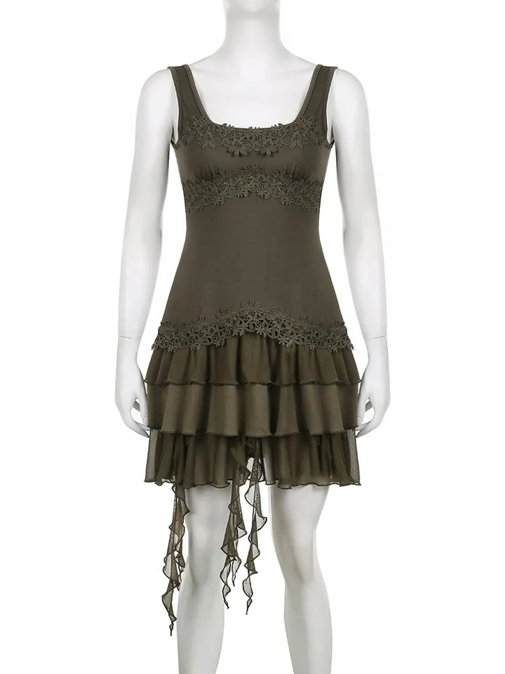 Green Ruffle Irregular Lace Dress