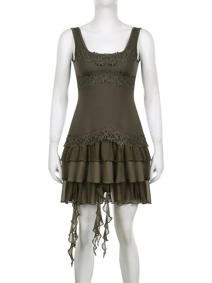 Green Ruffle Irregular Lace Dress