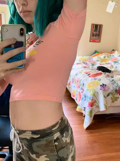 Cute Sensitive Pink Flower Embroidery Sexy Crop Top Short Sleeve Shirt Tee T-shirt Summer Casual E-Girl Kawaii Korean Japanese Harajuku Streetwear
