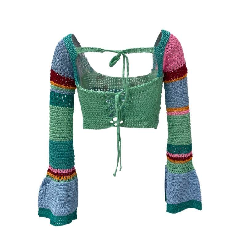 Rainbow Crochet Long Sleeve Drawstring Crop Top
