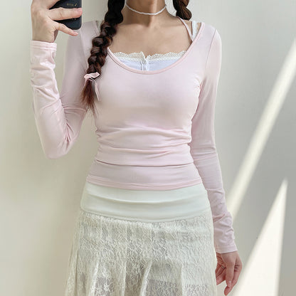 Sweet Lace Up Slash Neck Long Sleeve Shirt