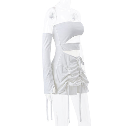 White Hollow Out Drawstring Strapless Mini Dress