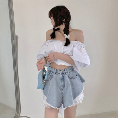 2pcs Blue Denim Lace High Waist Shorts