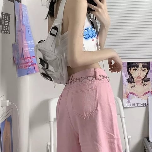 Cute Pink Baggy Oversized Loose Low Rise Wide Leg Denim Pants Trousers Aesthetic Casual Summer E-Girl Kawaii Korean Japanese Harajuku