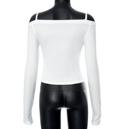 White Bow Off Shoulder Long Sleeve Top