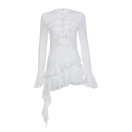 White Ruffle A-Line Chiffon Long Sleeve Flare Dress