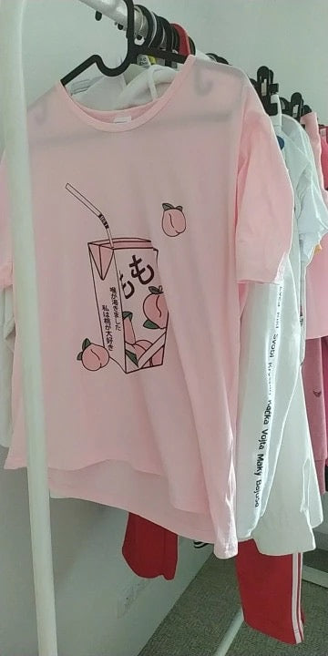 Cute Pink Peach Milk Carton Pastel Print Short Sleeve Shirt Tee T-shirt E-Girl Kawaii Korean Japanese Harajuku Retro Streetwear Aesthetic