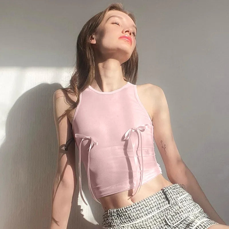 Pink Bow Sleeveless Crop Top