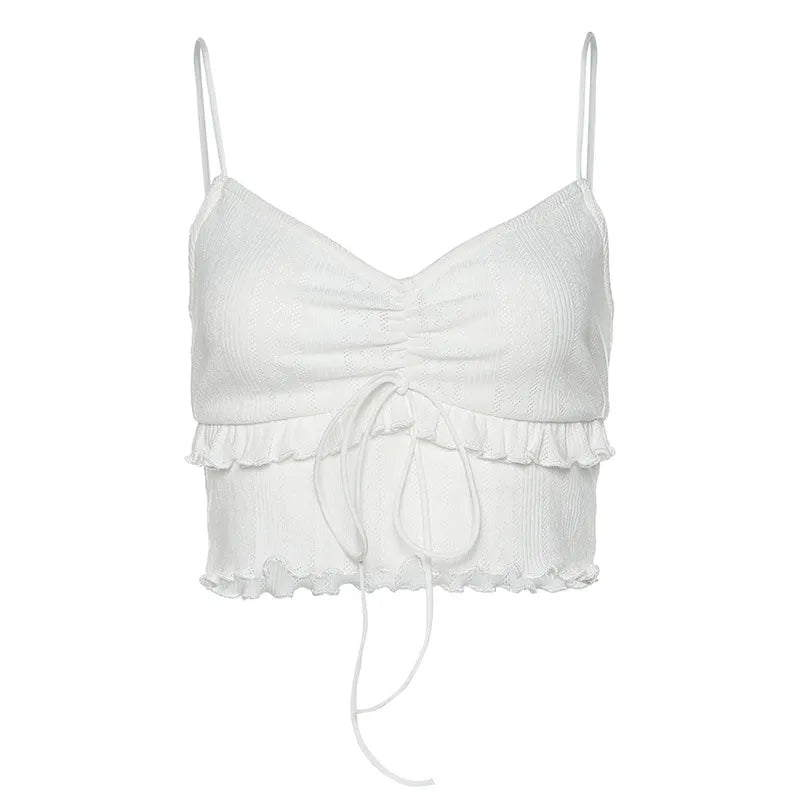 White Ruffle V Neck Lace Up Camisole
