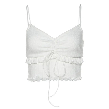 White Ruffle V Neck Lace Up Camisole