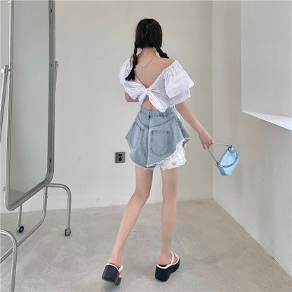 2pcs Blue Denim Lace High Waist Shorts