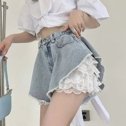 2pcs Blue Denim Lace High Waist Shorts