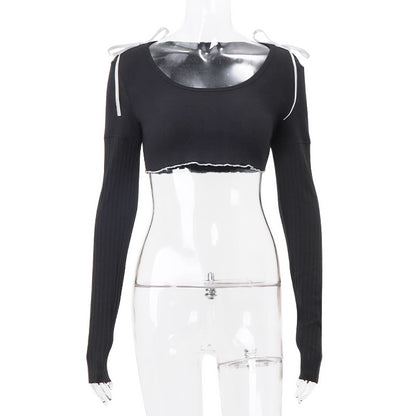 Bow Knit Square Neck Long Sleeve Top