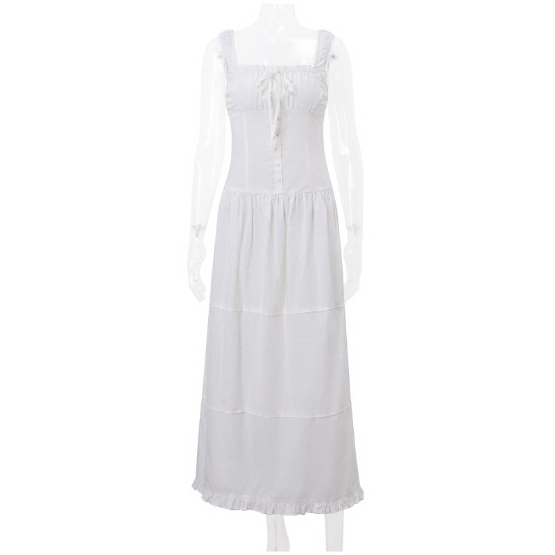 White Pleated Lace Up Square Collar Ruffle Maxi Dress
