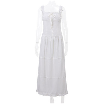White Pleated Lace Up Square Collar Ruffle Maxi Dress