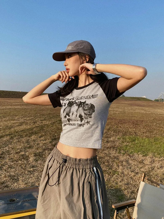 Cat Print Crop Short Sleeve T-shirt