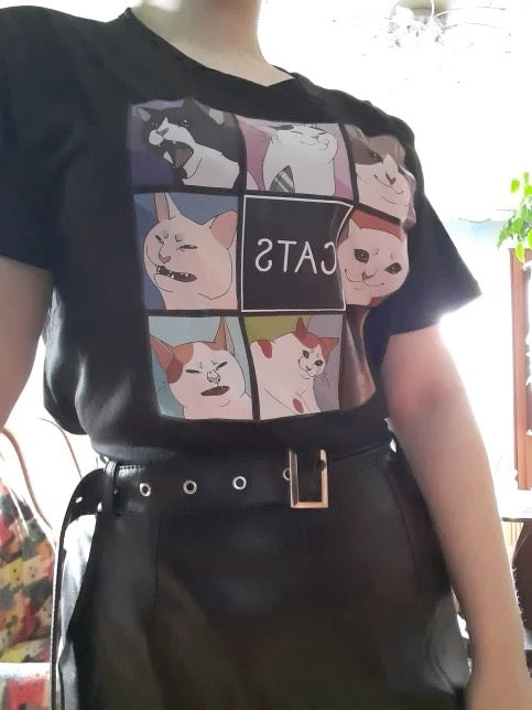 Cute Cat Kitten Animal Cartoon Funny Short Sleeve Shirt Tee T-shirt E-Girl Kawaii Korean Japanese Harajuku Chinese Retro Streetwear Aesthetic