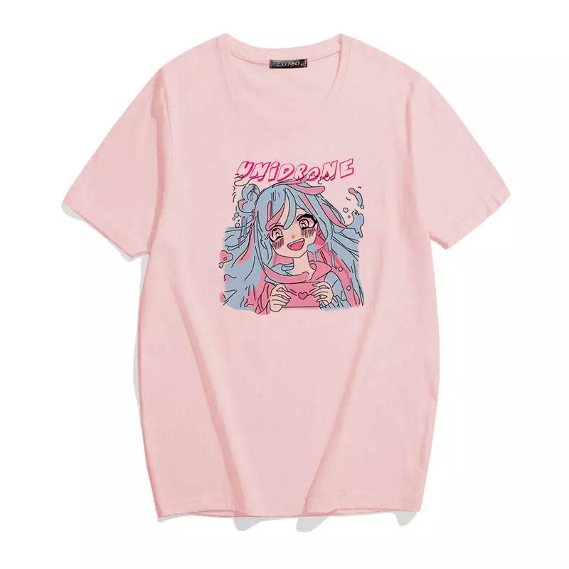 Cute Sweet Vintage Pastel Pink Anime Girl Cartoon Print Short Sleeve Shirt Loose T-shirt Top E-Girl Kawaii Korean Japanese Harajuku Streetwear