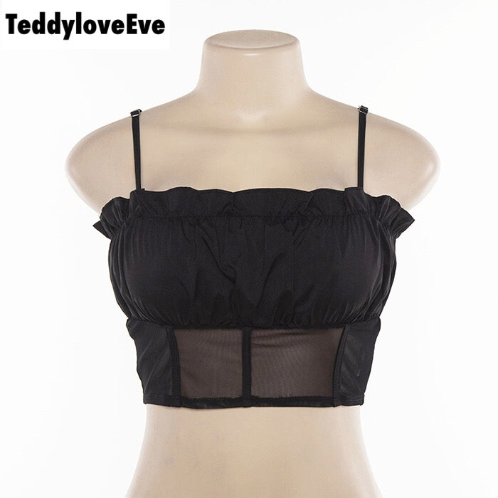 Cute Sexy See Through Mesh Crop Top Camisole Tank Shirt Tee T-shirt E-Girl Kawaii Korean Japanese Harajuku Chinese Retro Streetwear Aesthetic