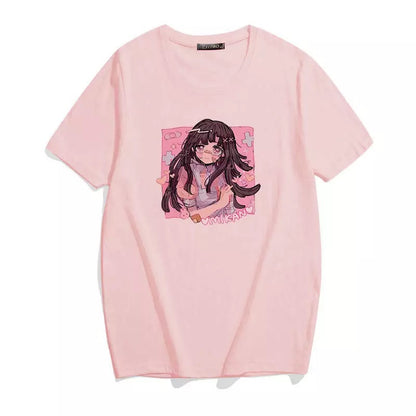 Cute Sweet Vintage Black Anime Girl Cartoon Print Short Sleeve Shirt Oversize Loose T-shirt Top Goth E-Girl Kawaii Korean Japanese Harajuku Streetwear