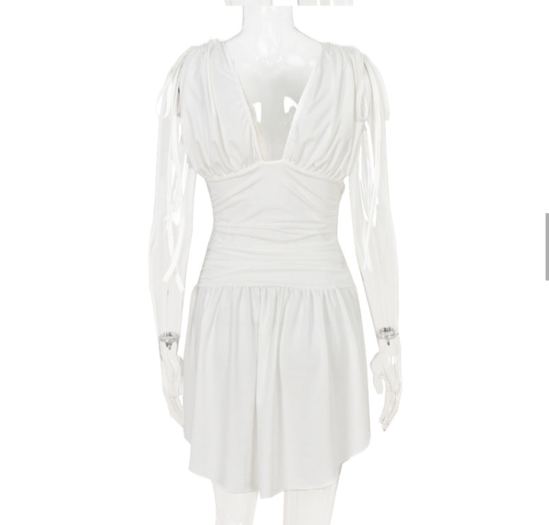 Irregular Tie Up Ruched V Neck Dress