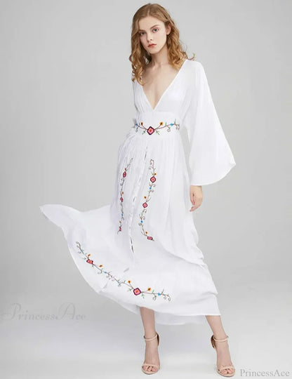 Flare Long Sleeve Deep V-neck Cotton Dress