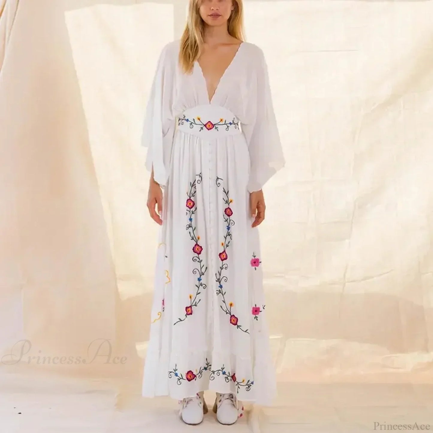 Flare Long Sleeve Deep V-neck Cotton Dress