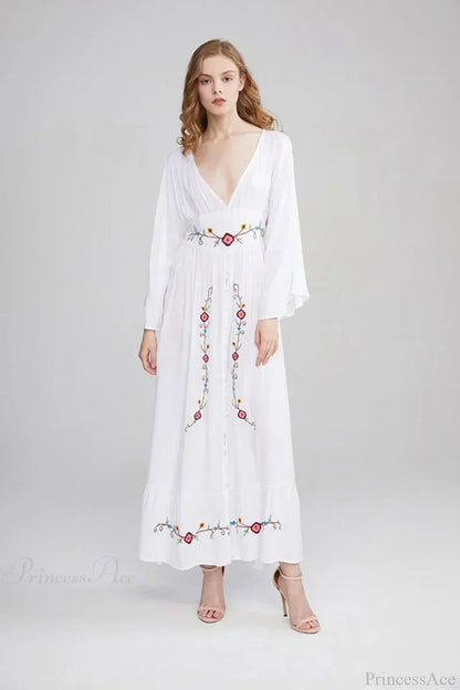 Flare Long Sleeve Deep V-neck Cotton Dress