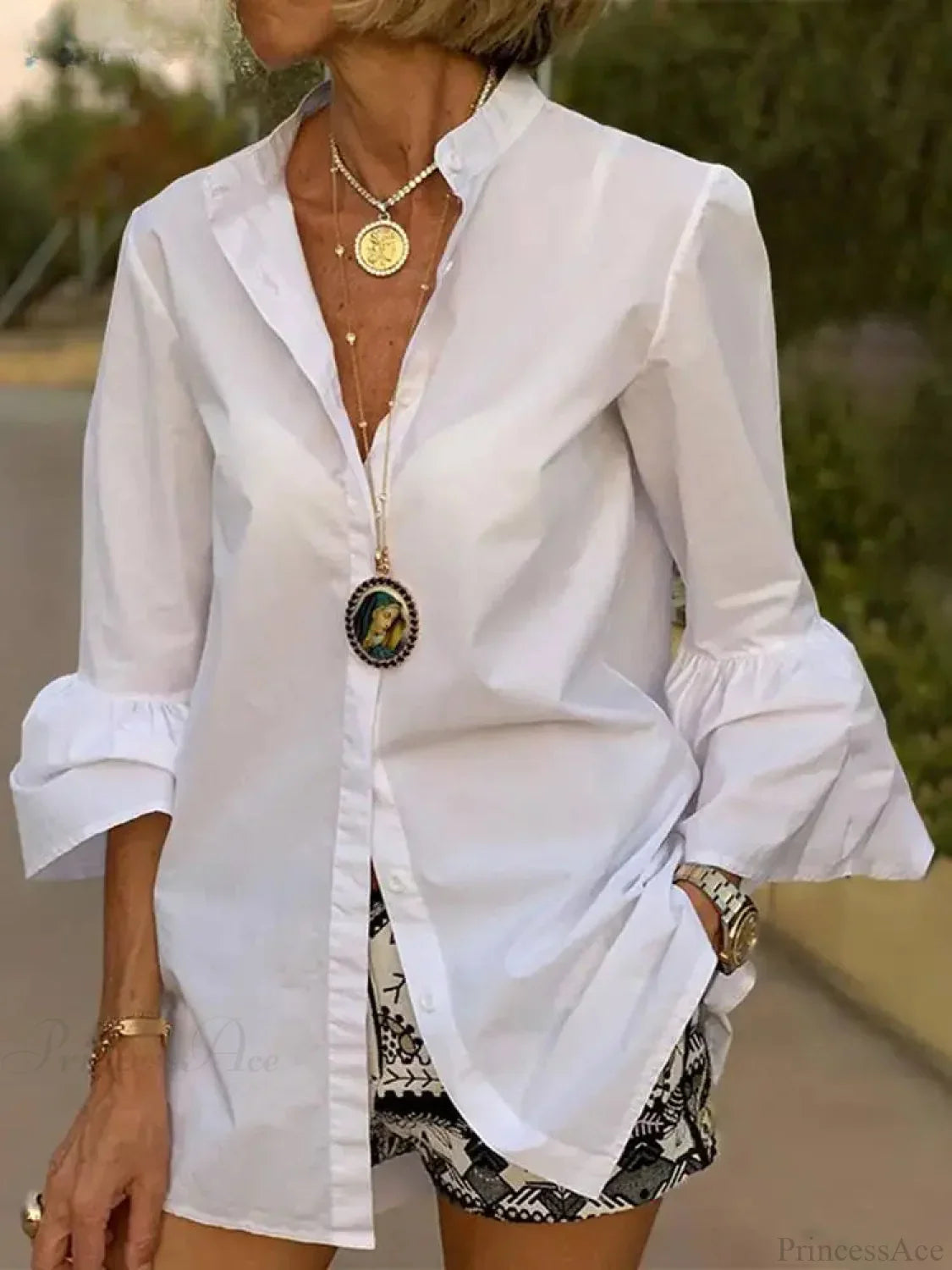 Flare Sleeve Solid Color V Neck Blouse