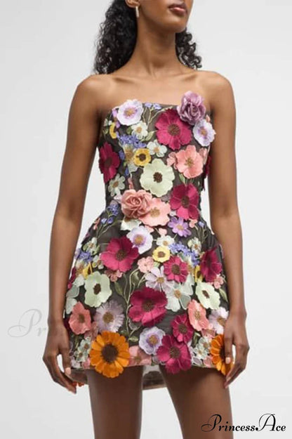 Floral 3D Embroidery Charming Tube Mini Dress