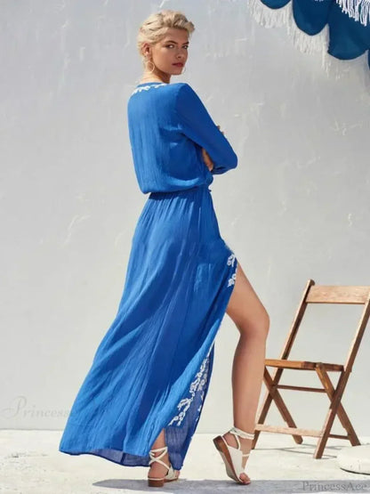 Floral Embroidery Stretch Waist Holiday Maxi Boho Dress