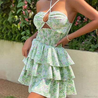 Floral Halter Neck Lace-Up Mini Floral Dress