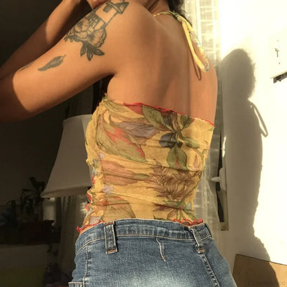 Floral Mesh Sheer Backless Halter Y2K Crop Top