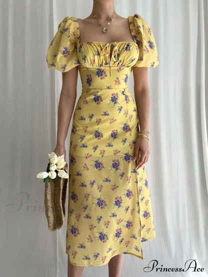 Floral Midi Dress with Puffy Sleeves and Slit