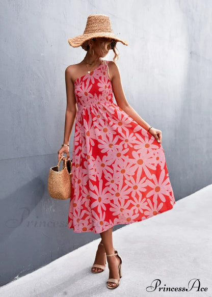 Floral Print Diagonal Shoulder Dress