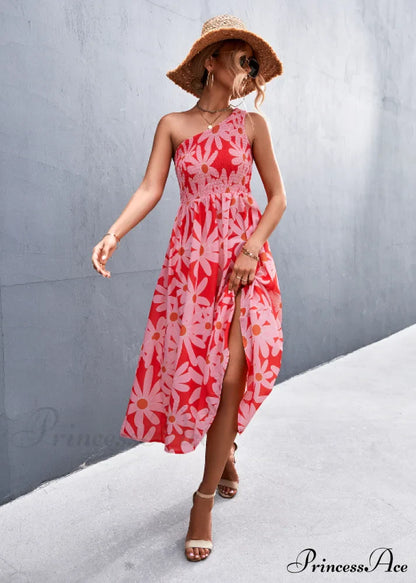 Floral Print Diagonal Shoulder Dress