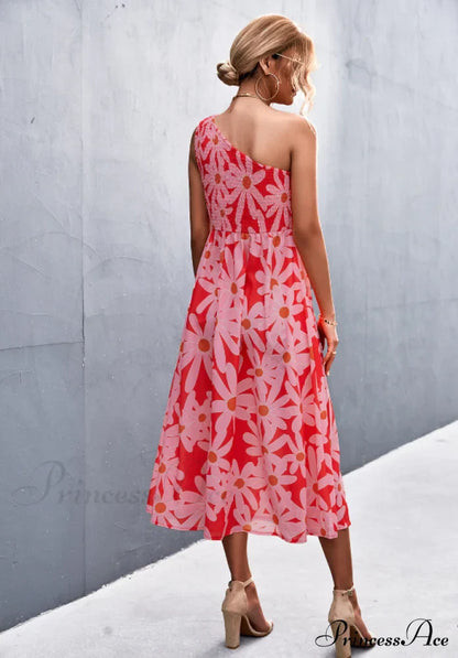 Floral Print Diagonal Shoulder Dress