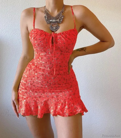 Floral Print Spaghetti Strap Low Cut Lace-up Ruffled Floral Dress
