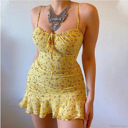 Floral Print Spaghetti Strap Low Cut Lace-up Ruffled Floral Dress